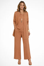 Ensemble 3 Pieces Gilet Long Haut et Pantalon Large - Camel