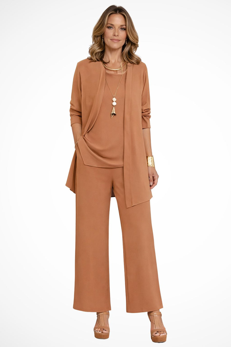 Ensemble 3 Pieces Gilet Long Haut et Pantalon Large - Camel