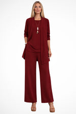 Ensemble 3 Pieces Gilet Long Haut et Pantalon Large - Bordeaux