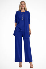 Ensemble 3 Pieces Gilet Long Haut et Pantalon Large - Bleu Roi
