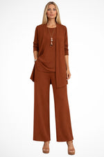 Ensemble 3 Pieces Gilet Long Haut et Pantalon Large - Marron