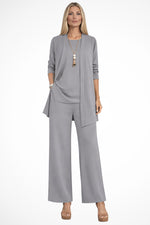 Ensemble 3 Pieces Gilet Long Haut et Pantalon Large - Gris