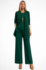 Ensemble 3 Pieces Gilet Long Haut et Pantalon Large - Vert Sapin