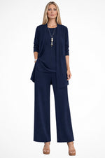 Ensemble 3 Pieces Gilet Long Haut et Pantalon Large - Bleu Marine